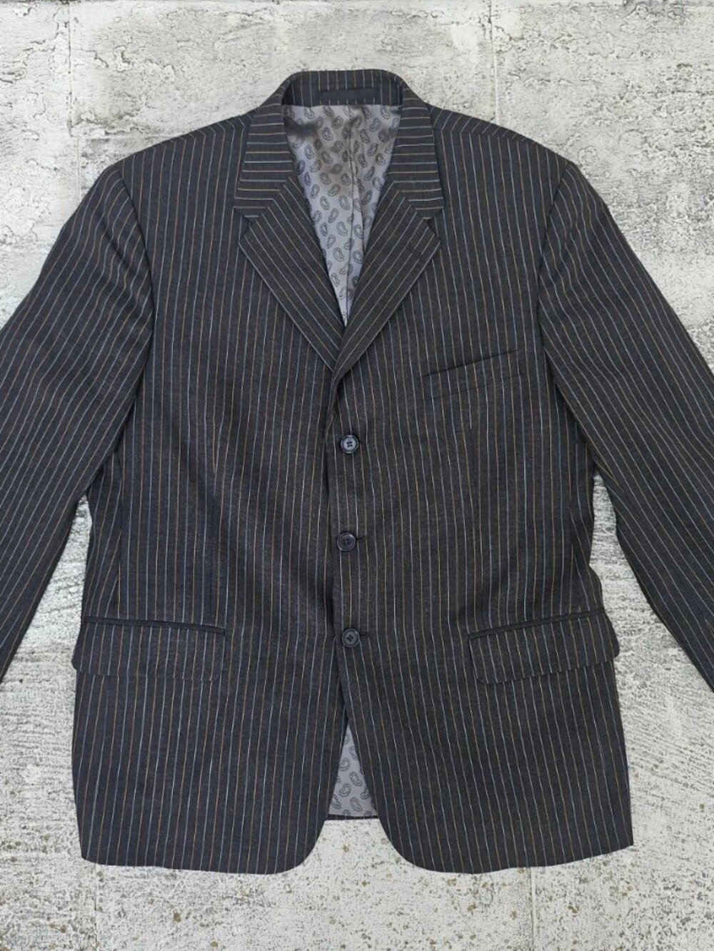 Vintage Men Blazer Jacket Sport Coat Black Multi Color Stripe Read desc size 44L